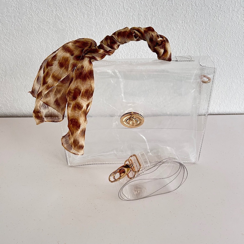 Clear Bag Women's Cross Body Purse Handbag Gold-Tone Hardware Animal Print Scarf